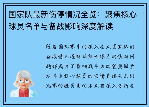 国家队最新伤停情况全览：聚焦核心球员名单与备战影响深度解读